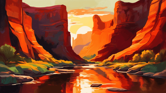 An artistically vivid painting of a scenic canyon during sunset, with warm hues of orange and red casting dramatic shadows over intricate rock formations, and a gentle river flowing through the valley