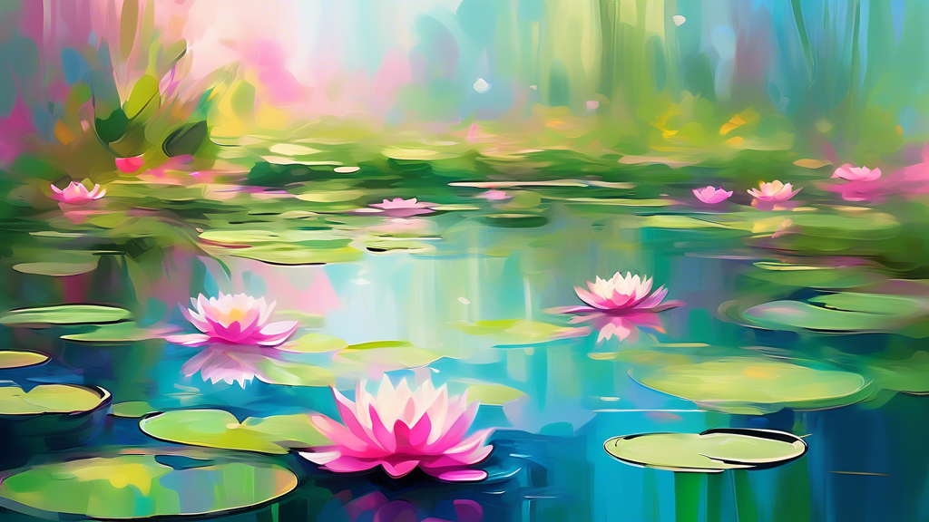 Create a serene, impressionistic digital painting of a tranquil pond filled with vibrant water lilies and lush aquatic plants, showcasing a variety of colors from deep greens to bright pinks, softly r