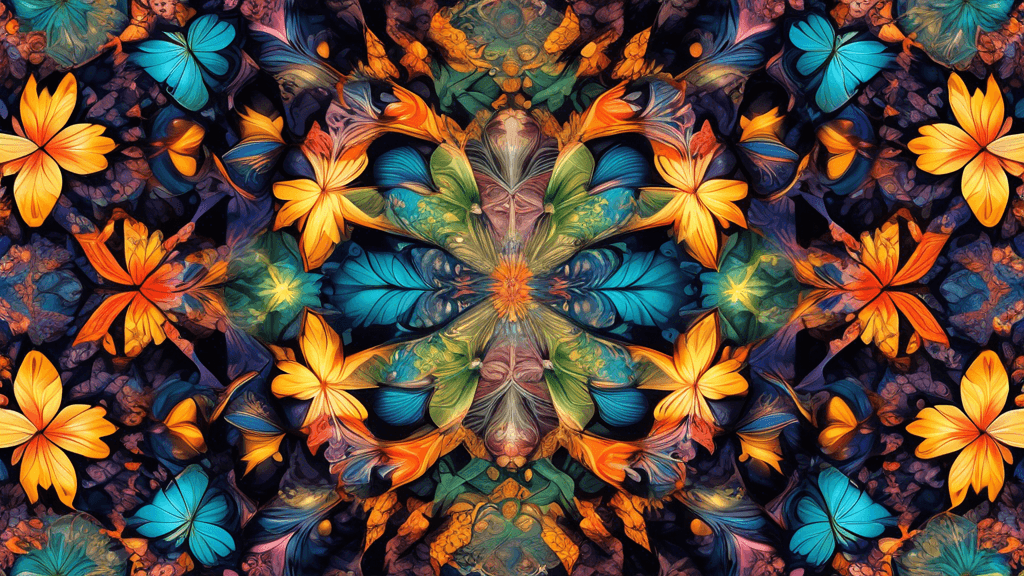 Create an intricate, artistic image showcasing a kaleidoscope view of various natural elements. Center the composition with a beautiful, symmetrically arranged array of butterflies, starfish, and leav