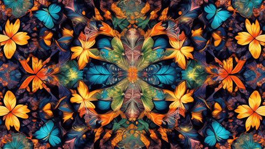 Create an intricate, artistic image showcasing a kaleidoscope view of various natural elements. Center the composition with a beautiful, symmetrically arranged array of butterflies, starfish, and leav