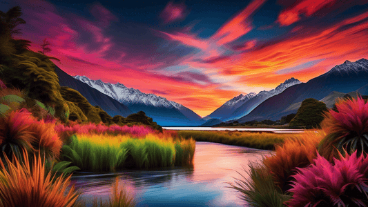 Stunning high-resolution photograph of a dramatic New Zealand landscape, featuring the majestic Southern Alps under a vibrant sunset sky, with a foreground of lush native ferns and a pristine river re