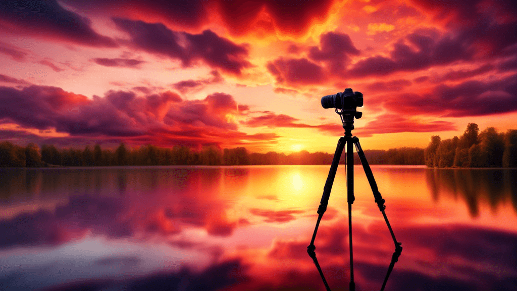 Stunning sunset sky with dramatic clouds and vivid colors over a serene lake, showcasing a photographer with a professional camera on a tripod, capturing the scene.