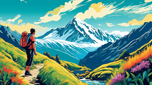 Create a vibrant and detailed digital artwork of a traveler hiking along a scenic trail overlooking the lush, green valleys and snow-capped mountains of New(':', 'E') Zealand, with bright blue skies a