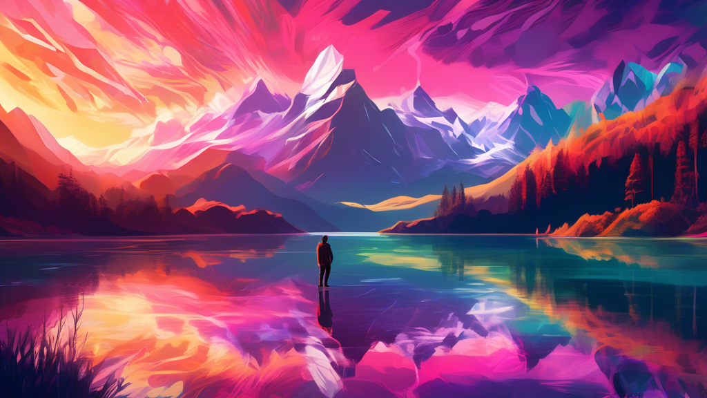 Capture an ethereal landscape showing Stephen Milner as a small figure in the foreground, standing by a reflective, crystal-clear lake surrounded by soaring mountains and dense forests in New Zealand,