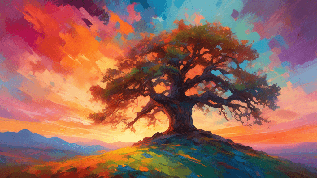 An ethereal landscape at sunset with a lone ancient oak tree on a serene hill, under a vibrant, colorful sky, painted in an impressionist style, conveying a sense of peace and storytelling.