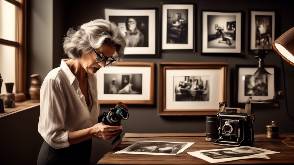 An elegant photography studio with walls adorned with award-winning black and white photographs, a vintage camera on a wooden table, soft ambient lighting, and a middle-aged female artist with glasses