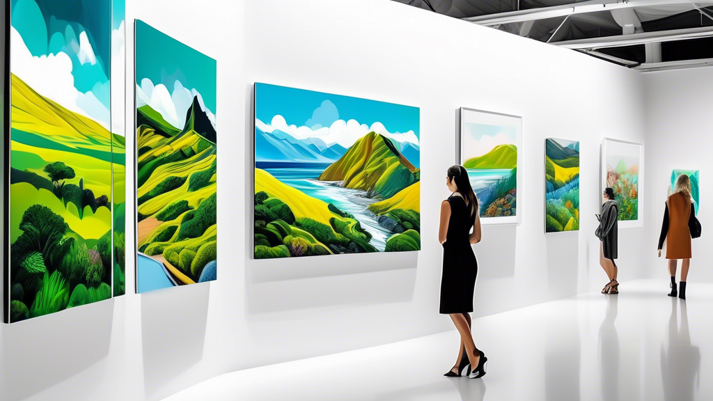 An exquisite digital art gallery showcasing a variety of vibrant and breathtaking New Zealand landscapes, ranging from lush green hillsides to dramatic coastal cliffs, captured in a series of photogra