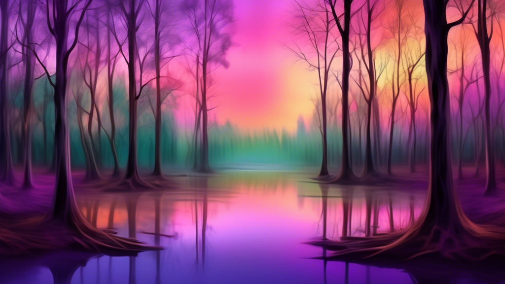 Create a surreal digital painting of a forest where the trees have blurred, elongated branches to appear as if they are swaying, capturing the essence of movement against a serene sunset backdrop. The