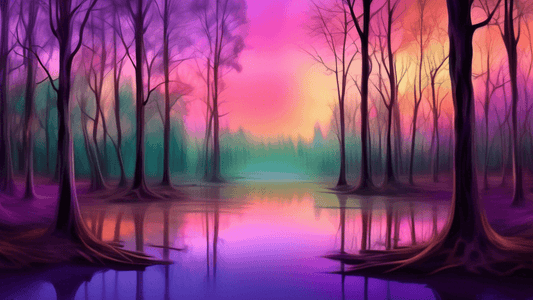 Create a surreal digital painting of a forest where the trees have blurred, elongated branches to appear as if they are swaying, capturing the essence of movement against a serene sunset backdrop. The