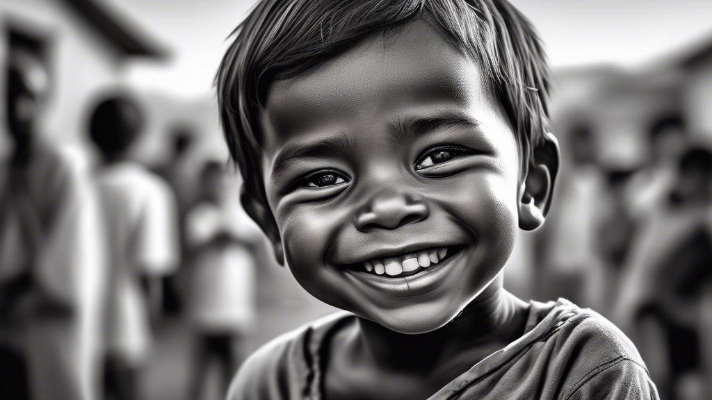 A powerful monochrome image of a photographer, with a compassionate expression, capturing the heartfelt smile of a child in an underprivileged community, complete with the background blurred slightly 