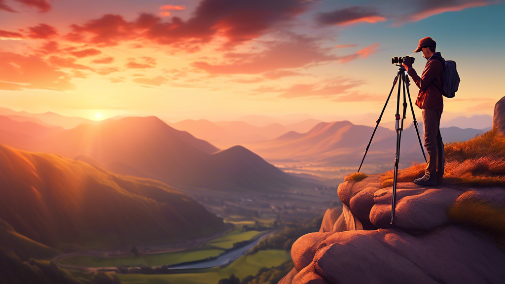 An image of a photographer with a camera on a tripod, standing on a cliff capturing the sunset over a picturesque mountain range, with a guidebook titled 'Mastering the Art of Landscape Photography' i