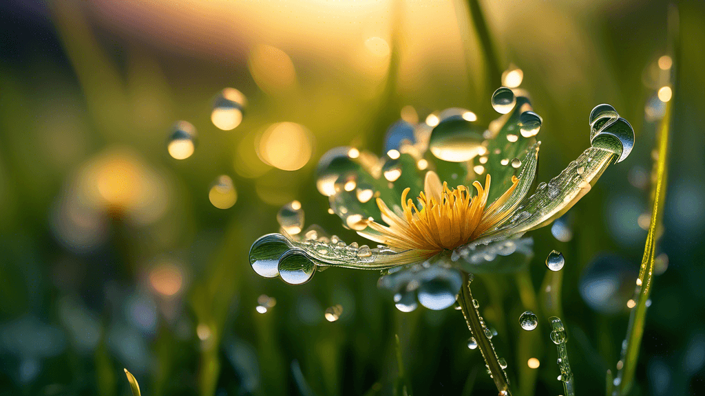 Create an ultra-detailed, vibrant image showing a close-up of a dew-covered wildflower at sunrise, with individual droplets reflecting the warm sunlight, set in a lush green meadow, with soft focus on