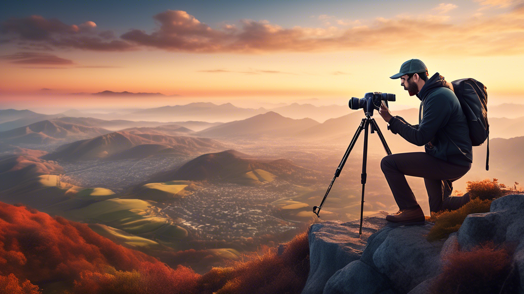 An entrepreneurial photographer standing on a mountain peak at sunrise, setting up a high-tech camera on a tripod, overlooking a breathtaking panoramic view of a valley, with a bustling city in the di