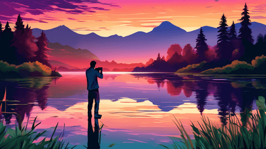 Serene twilight scene by a tranquil lake, featuring a professional photographer with a camera on a tripod, capturing the shimmering reflection of a colorful sunset on the water's surface, surrounded b