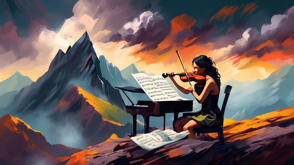 A skilled violinist composing music on a rugged mountain peak, with a storm brewing in the background, surrounded by a scattering of musical sheets and a small, portable desk holding her notes, illust