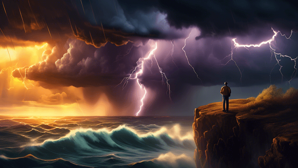 An intrepid photographer on a cliff capturing a majestic thunderstorm over the ocean at sunset, with lightning bolts striking the turbulent waters, dramatic dark clouds overhead, and a splash of golde