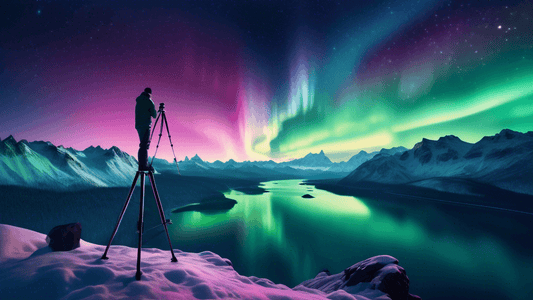 An award-winning landscape photographer setting up a tripod on a high mountain peak during a stunning aurora borealis display, with a star-studded sky and a distant galaxy visible, using a vintage cam