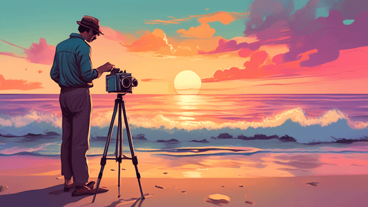 An artist standing on a calm, secluded beach during sunset, setting up a vintage camera on a tripod, aiming to capture the serene scene of gentle waves under soft, colorful skies.