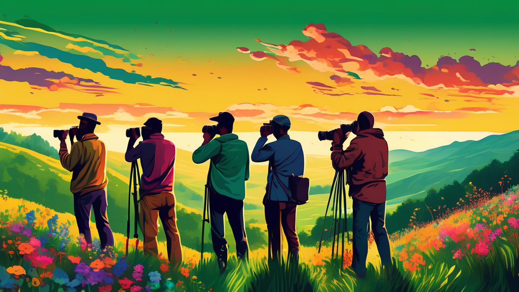 Create a digital artwork of a diverse group of photographers with various cameras, from vintage to modern, standing on a lush, green hillside at sunset, capturing the breathtaking scenery of a vast va