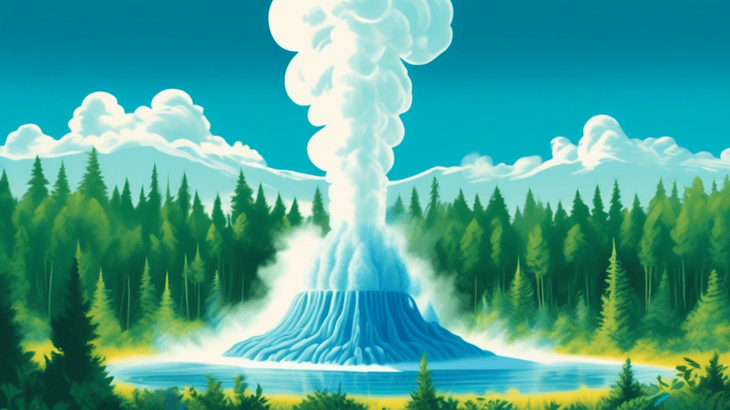 Vibrant illustration of a majestic geyser eruption amidst a lush, green forest with steam rising, vivid blue sky above, and curious wildlife observing from a safe distance.