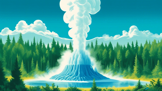 Vibrant illustration of a majestic geyser eruption amidst a lush, green forest with steam rising, vivid blue sky above, and curious wildlife observing from a safe distance.