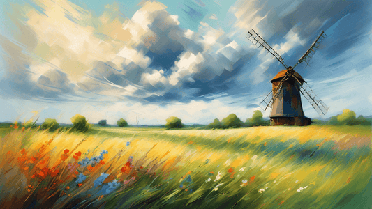 Painting of a serene field with long grass and wildflowers bending gracefully in a strong breeze, a windmill in the background turning slowly, under a dynamic sky with fast-moving clouds, using an imp