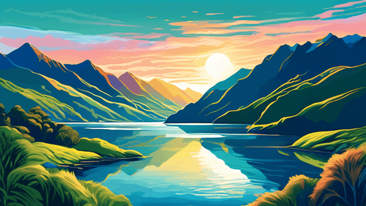 Create a stunning digital painting of New Zealand's diverse landscape featuring lush green forests transitioning into deep blue coastal waters, with snow-capped mountains in the background under a cle