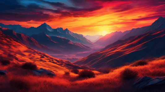 An artistically rendered sunset scene overlooking a picturesque mountain valley, highlighting advanced landscape photography techniques with vibrant colors and dramatic lighting effects, displaying in