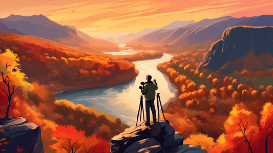 An artist with a camera and tripod stands on a majestic cliff at sunset, overlooking a panoramic view of a valley with a river flowing through it, surrounded by colorful autumn trees and distant mount