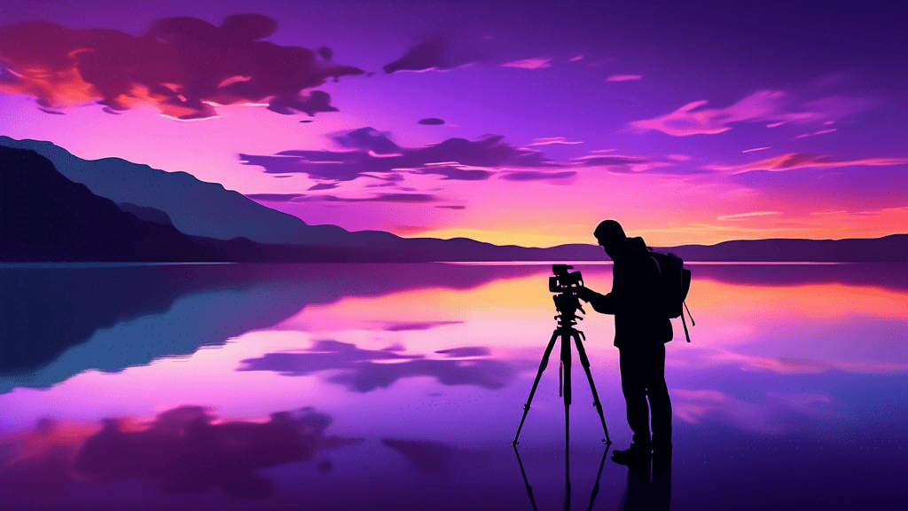 An expert photographer adjusting a high-end camera on a tripod overlooking a serene lake during twilight, capturing the vibrant hues of purple and orange in the sky, with gentle wisps of clouds and a 