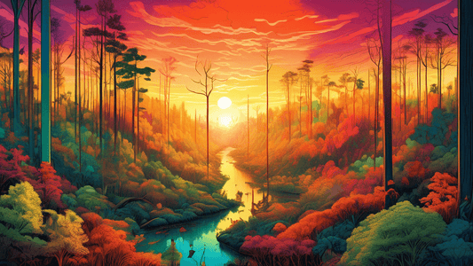 A breathtaking panorama where half of the image shows a vibrant, pristine forest with a diverse ecosystem full of wildlife and the other half depicts the same area, but now severely affected by defore