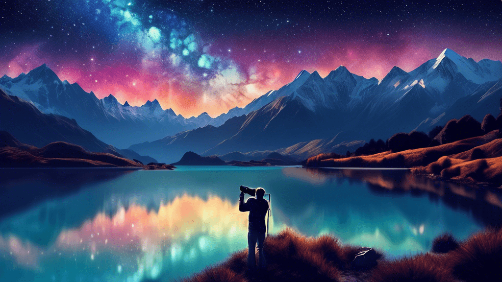 Starry night sky over the majestic Southern Alps in New Newaling landscapes, featuring a brilliant Milky Way galaxy and a photographer setting up a telescope on a serene lakeside.