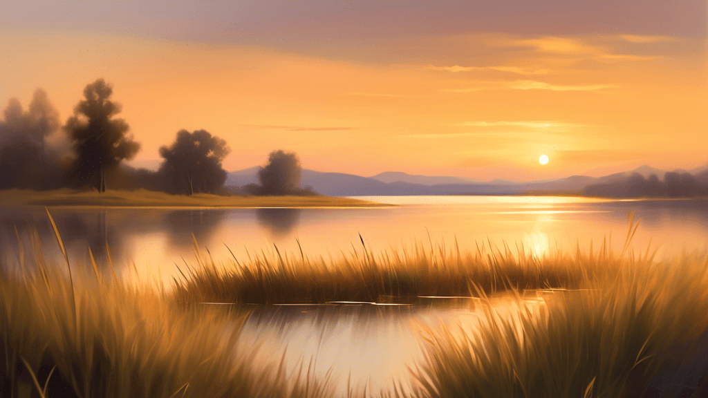 Create an artistic digital painting showcasing a serene landscape at sunset, with a strong emphasis on foreground composition. The foreground should feature delicate, whispering blades of grass, swayi