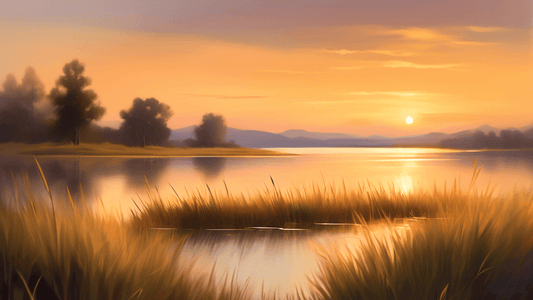 Create an artistic digital painting showcasing a serene landscape at sunset, with a strong emphasis on foreground composition. The foreground should feature delicate, whispering blades of grass, swayi