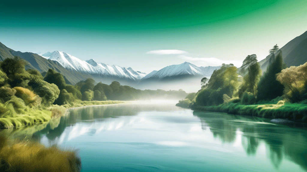 Stunning landscape photograph featuring a serene, crystal-clear river winding through a lush green forest in New Zealand, with snow-capped mountains in the background and a soft morning mist rising ab