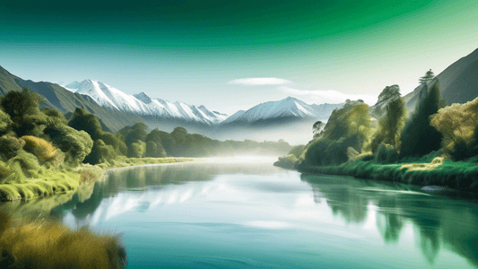 Stunning landscape photograph featuring a serene, crystal-clear river winding through a lush green forest in New Zealand, with snow-capped mountains in the background and a soft morning mist rising ab