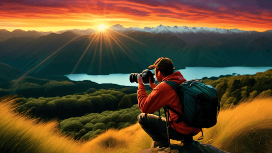 An amateur photographer in action, equipped with a professional DSLR camera, capturing the breathtaking landscapes of New Zealand's wilderness at sunset, surrounded by vibrant green forests and a dist