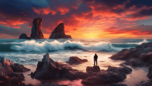 A panoramic view of a dramatic seascape at sunset, with gentle waves breaking over rugged rocks, a photographer with a tripod standing on the shore, under a colorful sky scattered with clouds, capturi