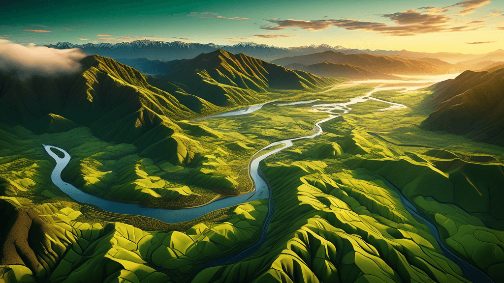 Stunning aerial view of a lush, vibrant valley in New Zealand during golden hour, showcasing intricate river patterns weaving through rich green landscapes, with distant, misty mountains under a seren