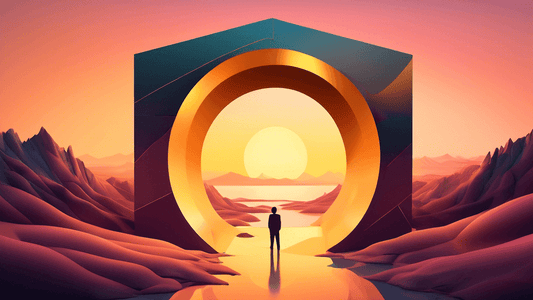 Create a surreal landscape scene where a photographer, with an ethereal, glowing camera, captures a scene through a large, golden, geometric portal that reveals a breathtakingly different landscape wi