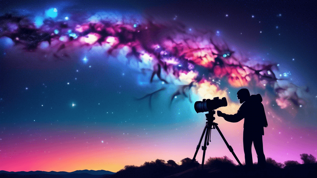 An astrophotographer setting up a camera on a tripod under a vibrant starry sky, showcasing the colorful Milky Way and prominent constellations visible from the Southern Hemisphere, with tips and came