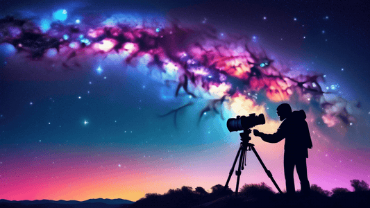 An astrophotographer setting up a camera on a tripod under a vibrant starry sky, showcasing the colorful Milky Way and prominent constellations visible from the Southern Hemisphere, with tips and came