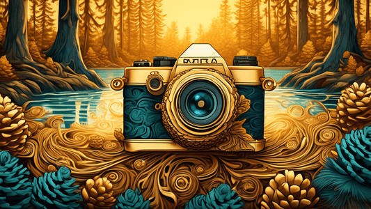 Create an intricate and detailed image of a camera lying on a forest floor, surrounded by various natural patterns such as spirals in pine cones, the fractal branching of trees, and the symmetric ripp