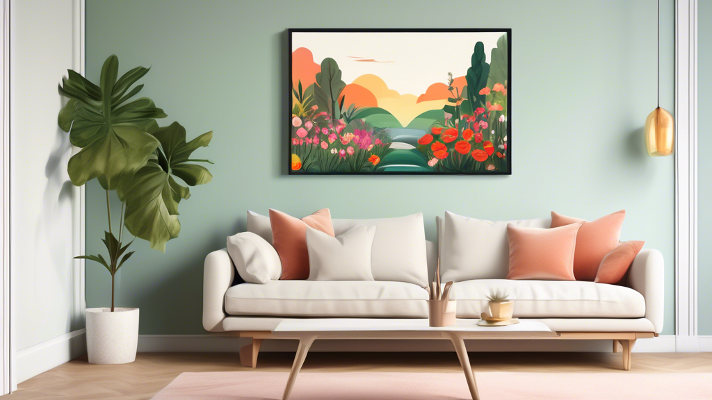 Serene garden at sunrise, beautifully framed by lush greenery and vibrant flowers, captured on a high-quality landscape canvas print hanging on a minimalist living room wall.