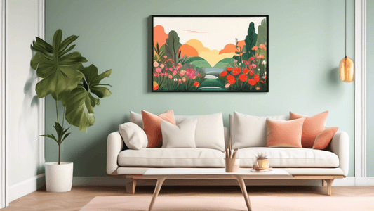 Serene garden at sunrise, beautifully framed by lush greenery and vibrant flowers, captured on a high-quality landscape canvas print hanging on a minimalist living room wall.