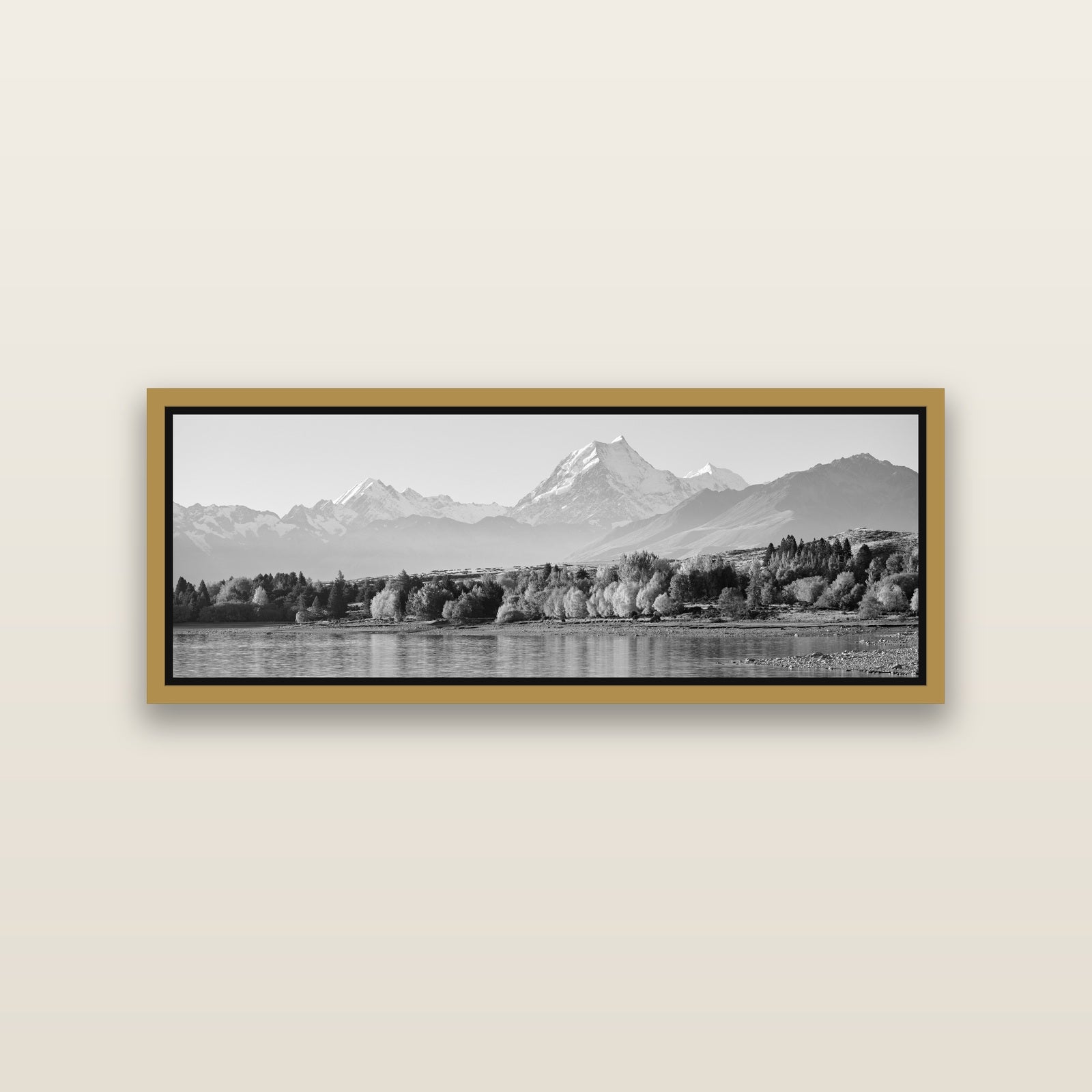Above the Treeline, Mount Cook — Antique Gold framed metallic canvas print, small 86 × 30 cm. New Zealand fine art landscape wall art by Stephen Milner.