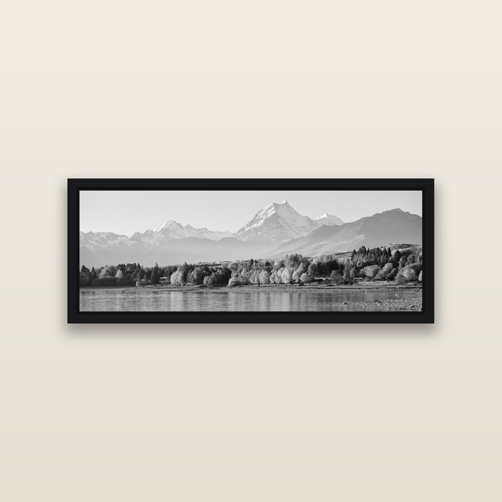 Above the Treeline, Mount Cook — Black framed metallic canvas print, small 86 × 30 cm. New Zealand fine art landscape wall art by Stephen Milner.