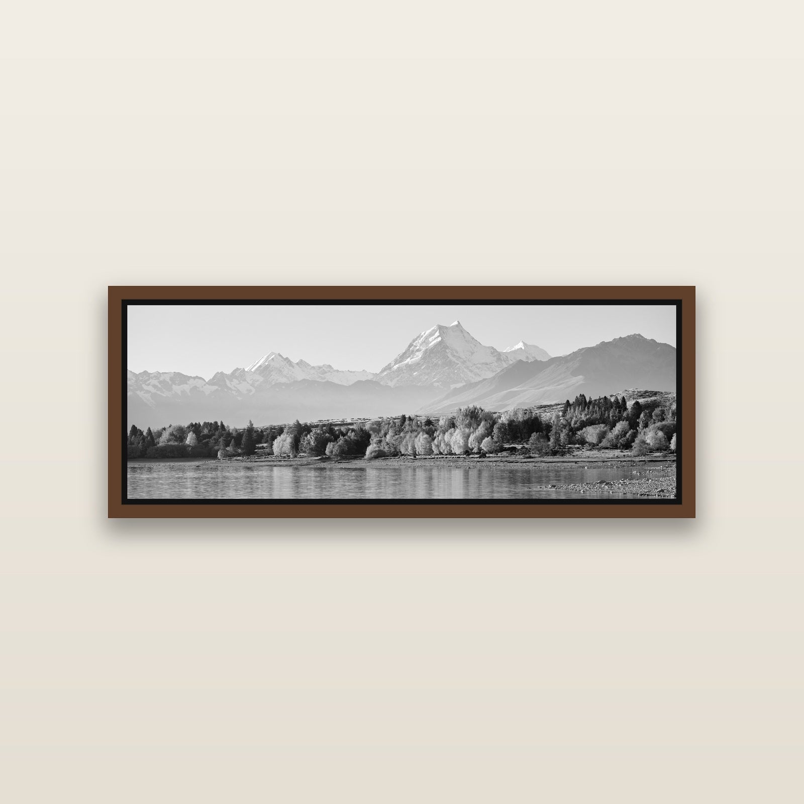Above the Treeline, Mount Cook — Brown framed metallic canvas print, small 86 × 30 cm. New Zealand fine art landscape wall art by Stephen Milner.