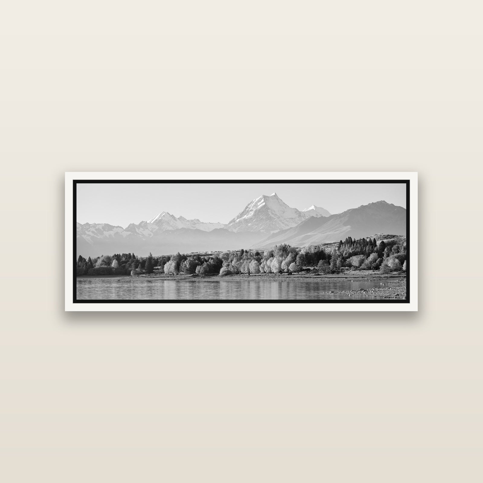 Above the Treeline, Mount Cook — White framed metallic canvas print, small 86 × 30 cm. New Zealand fine art landscape wall art by Stephen Milner.
