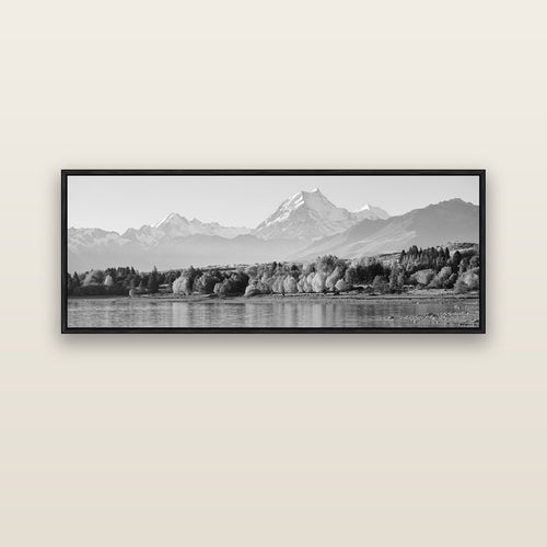 Above the Treeline, Mount Cook — black float frame canvas, 152 × 56 cm. New Zealand fine art landscape wall art by Stephen Milner.